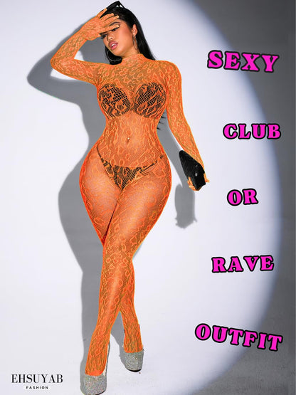 Sexy Lace Leopard Jumpsuit For Women, Fishnet Bodysuit Glow Party Club, Poster One Piece Mesh Full Body Rave Outfits