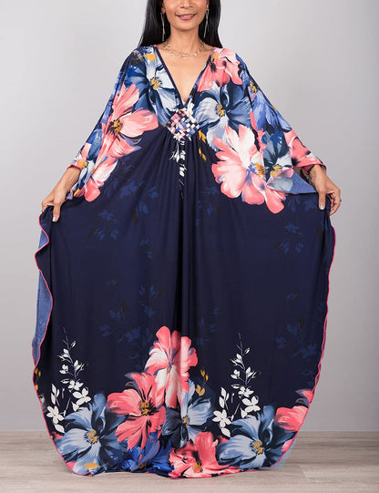 Bsubseach Women Ethnic Print Kaftan Beach Dress Plus Size Swimsuit Cover Up