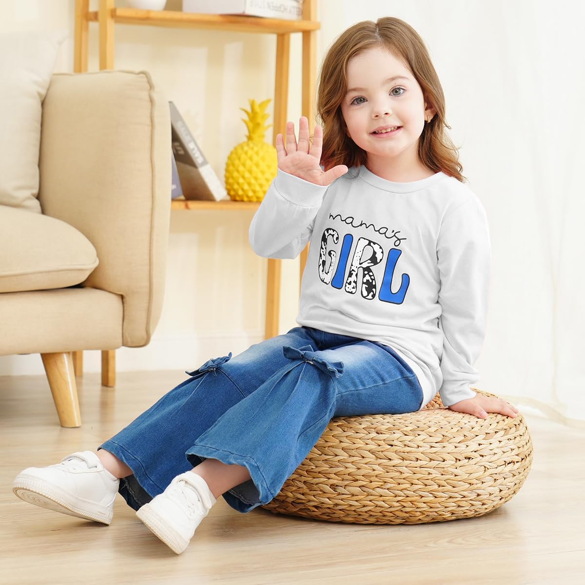 Toddler Girl Clothes Long Sleeve Cartoon & Letter Graphic Top + Fruit Stationery Print Flared Leg Pants