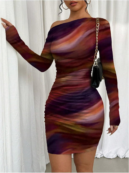 Women's Off Shoulder Ombre Tie Dye Bodycon Dress Long Sleeve Slim Fit Pencil Mini Dresses