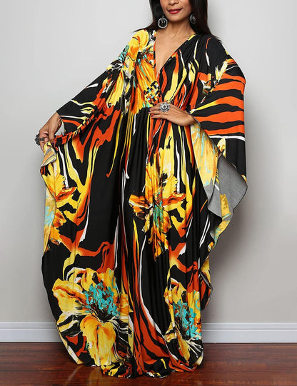 Bsubseach Women Ethnic Print Kaftan Beach Dress Plus Size Swimsuit Cover Up