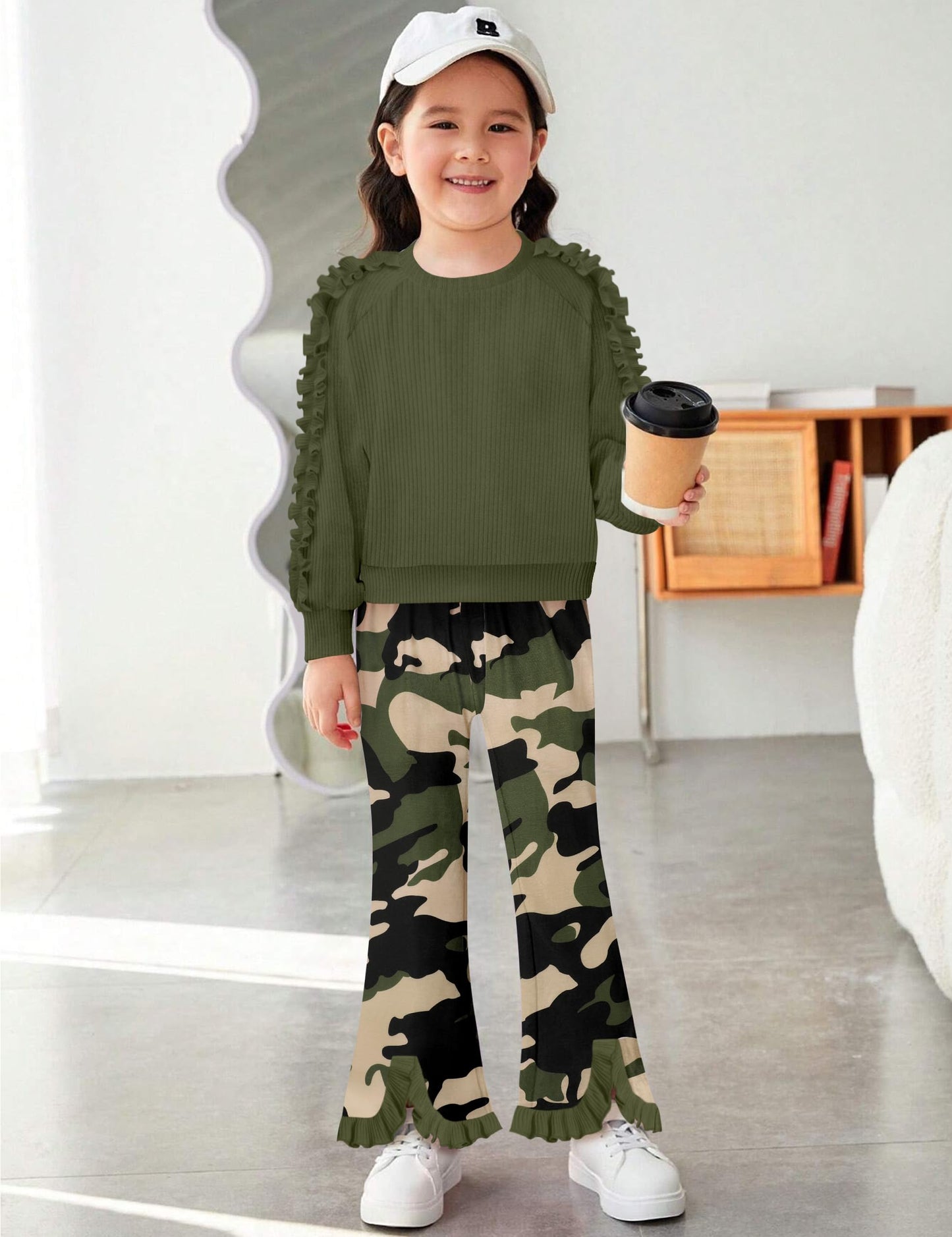Toddler Girl Clothes Camo Girls Outfits Ruffle Sleeve Tops + Bell Bottom Flared Pants 2 Piece Winter Sweatsuit 2-10T