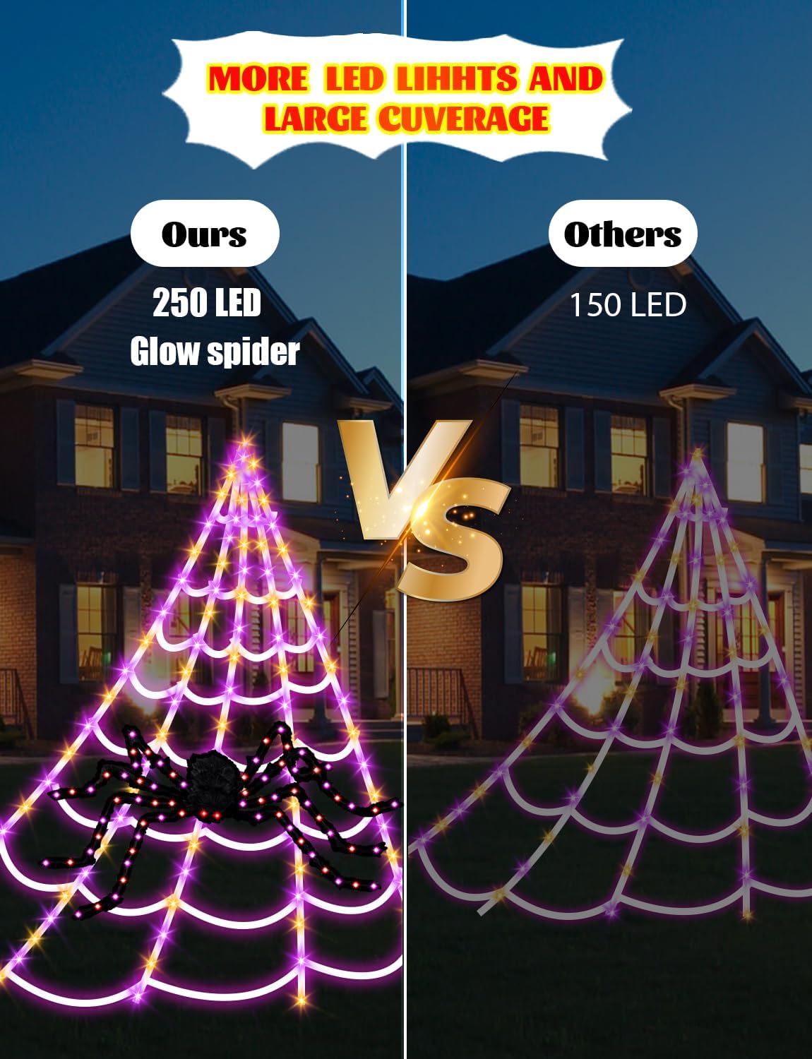 Spider Webs Halloween Decorations Lights - 250 LEDs Outdoor Halloween String Lights with 60" Light Up Spider,8 Modes Remote Control 16.4Ft Spiderweb,Waterproof (Orange+Purple)