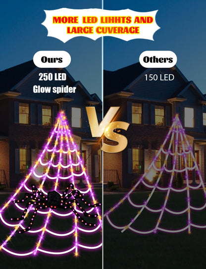 Spider Webs Halloween Decorations Lights - 250 LEDs Outdoor Halloween String Lights with 60" Light Up Spider,8 Modes Remote Control 16.4Ft Spiderweb,Waterproof (Orange+Purple)