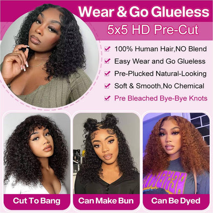 Curly Bob Wig Human Hair Deep Wave 13x4 HD Lace Front Wigs For Black Women Human Hair Pre Plucked Wear And Go Glueless Short Wet And Wavy Ombre Honey Blonde Highlight Color 4/27 14 Inch