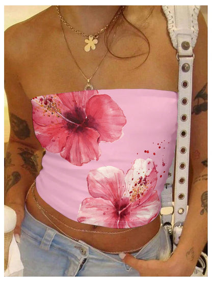 WDIRARA Women's Floral Print Strapless Crop Tube Tops Slim Fit Summer Causal Bandeau Top
