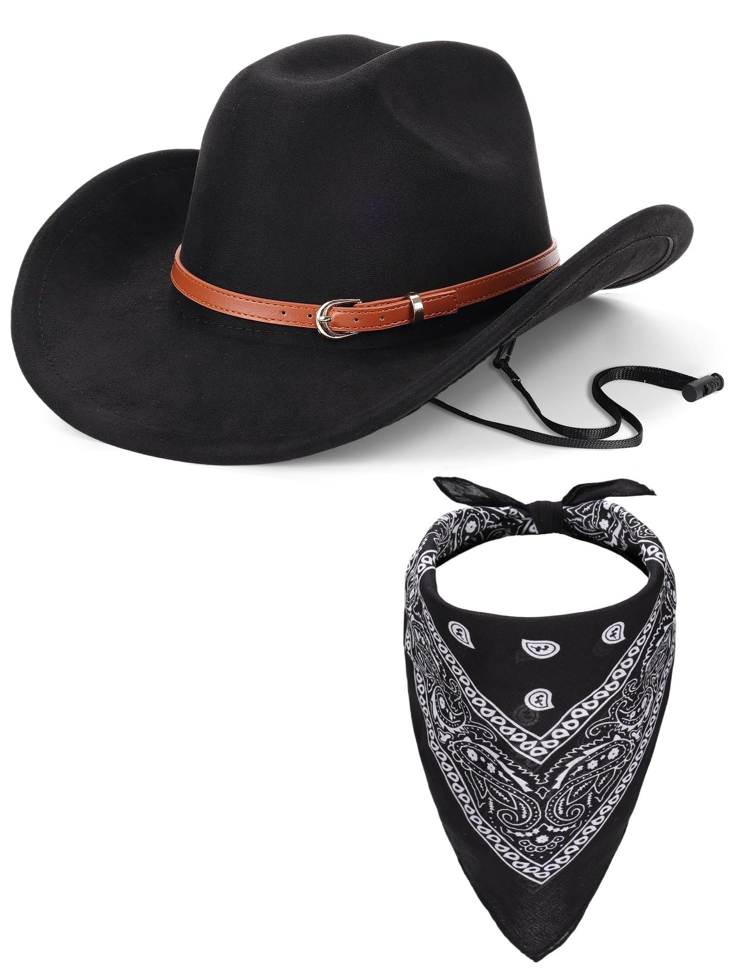 Ibeauti Cowboy Hat with Fringed Bandana Set for Women Wide Brim Western Cowgirl Hat Paisley Head Wrap Scarf