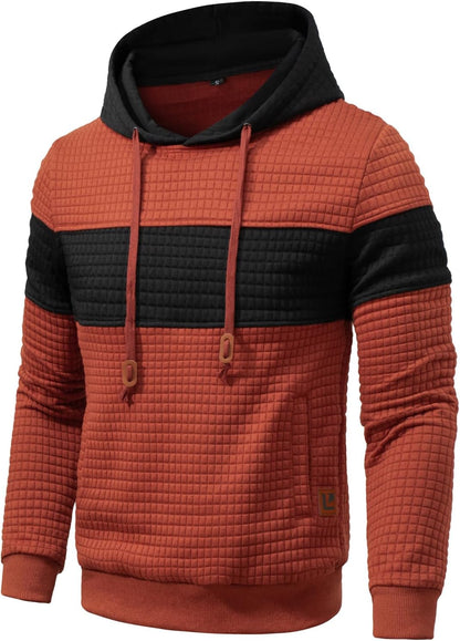 Men’s Sweatshirts Long Sleeve Pullover Patchwork Plaid Jacquard Hoodie Casual Drawstring Hoody Top