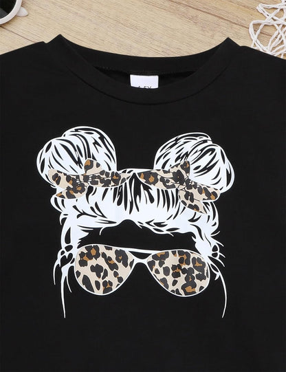 Toddler Girl Clothes Long Sleeve Cartoon & Letter Graphic Top + Fruit Stationery Print Flared Leg Pants