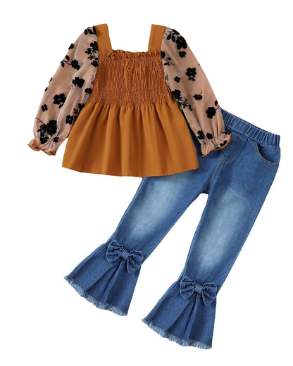 Kucnuzki Toddler Kids Girls Clothes Short Sleeve Shirt Top Flare Denim Jeans 2 Piece Outfits For Girls Cute Clothing Set