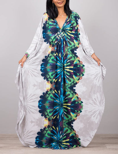 Bsubseach Women Ethnic Print Kaftan Beach Dress Plus Size Swimsuit Cover Up