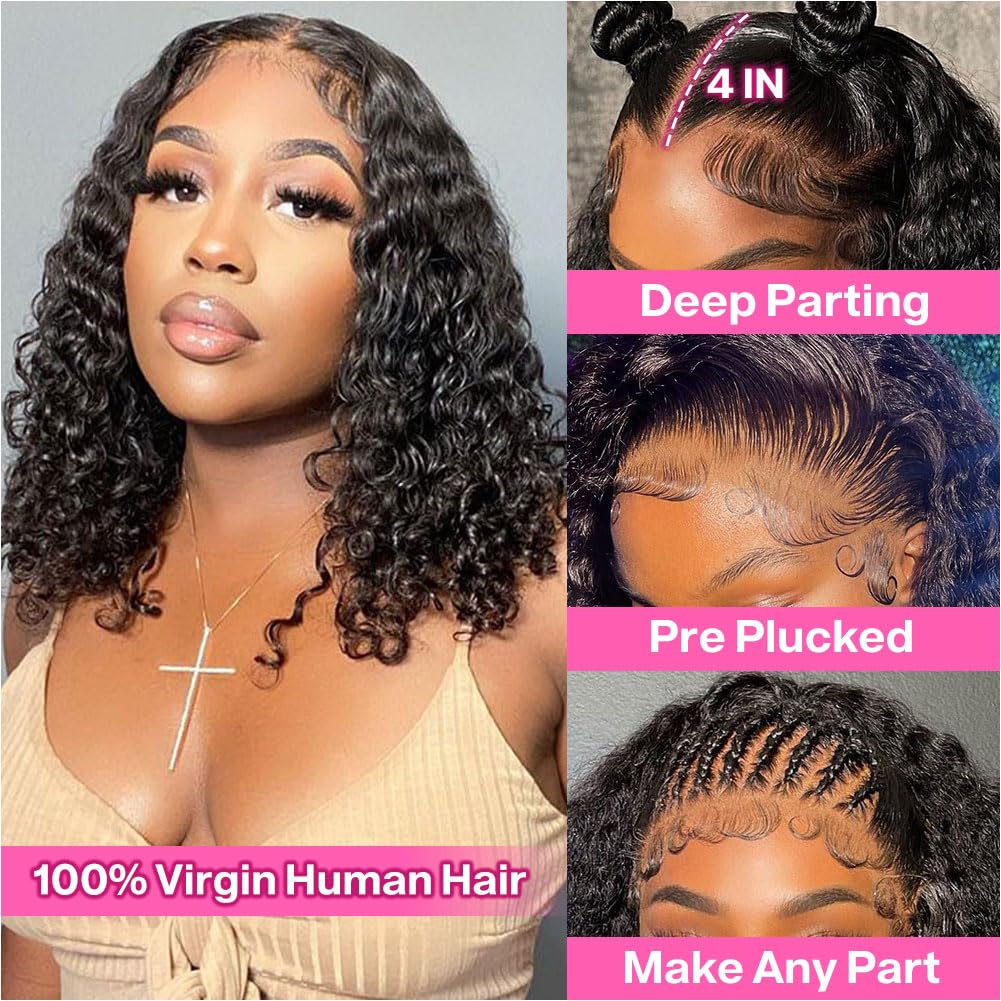 Curly Bob Wig Human Hair Deep Wave 13x4 HD Lace Front Wigs For Black Women Human Hair Pre Plucked Wear And Go Glueless Short Wet And Wavy Ombre Honey Blonde Highlight Color 4/27 14 Inch