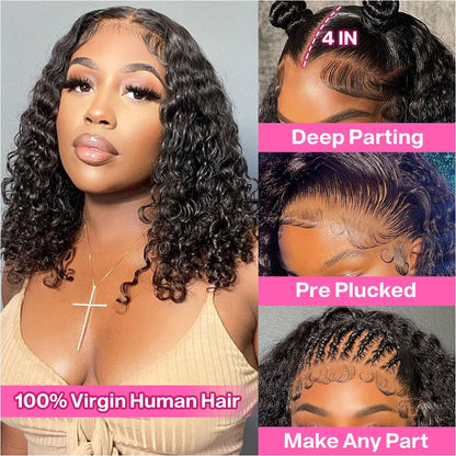Curly Bob Wig Human Hair Deep Wave 13x4 HD Lace Front Wigs For Black Women Human Hair Pre Plucked Wear And Go Glueless Short Wet And Wavy Ombre Honey Blonde Highlight Color 4/27 14 Inch