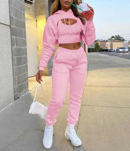 Adogirl Women 3 Piece Outfits Tracksuits Set Sexy Long Sleeve Pullover Hoodie Tank Crop Tops Jogger Sweatpants Sweatsuits