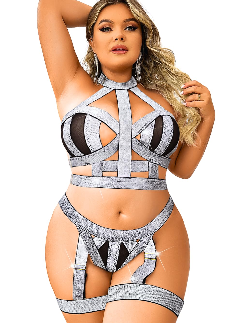 Curvy Lady's Strappy Lingerie For Women, Plus Size Exotic Garter Thong, BBW Halter Gifts For Him 3 Piece Set