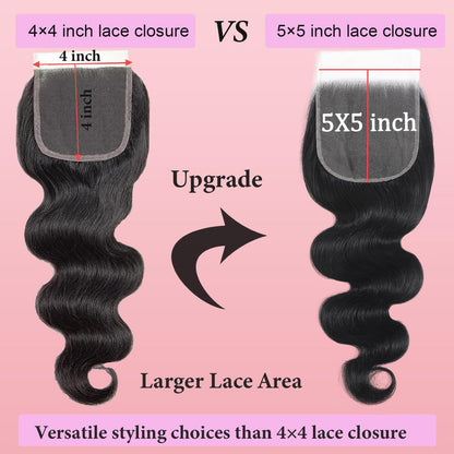 12A Human Hair Bundles with Closure Body Wave Bundles 20 22 24+18 Inch 5X5 HD Lace Closure Human Hair 100% Brazilian Virgin Hair Extensions 3 Bundles Deals Hair Quick Weave Bundle for Women