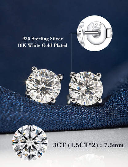IMOLOVE Moissanite Stud Earrings for Women in Sterling Silver Hypoallergenic 1-3CT D Color Round Cut Moissante Earrings