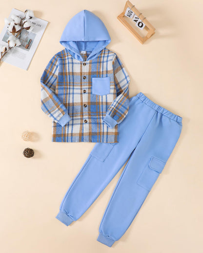 Boys Clothes Fall Winter Outfits, Toddler Boy Sweatsuit Plaid Hoodie Pants Clothing Set For Kids Boys Size 5-12 Years