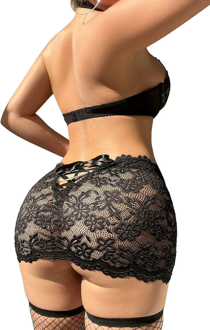 Sexy Cutout Halter Underwire Sheer Mini Skirt Stocking Lingerie Set 4 Piece Outfits
