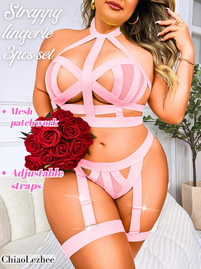 Curvy Lady's Strappy Lingerie For Women, Plus Size Exotic Garter Thong, BBW Halter Gifts For Him 3 Piece Set