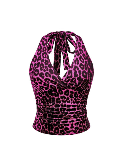 WDIRARA Women's Leopard Print Ruched Halter Crop Tops V Neck Tie Back Sleeveless Slim Fit Cami Tops