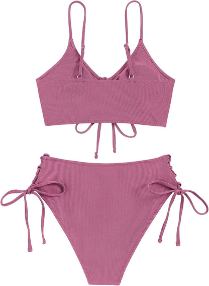 ZAFUL Women V Neck Bikini Set Ruched Tie Front High Waisted Floral Print Ribbed 2 Piece Bathing Suit Swimsuits