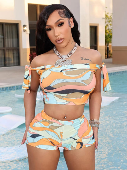 Mandonce Shorts Sets Women 2 Piece Outfits Off The Shoulder Strappy Tie Sleeveless Crop Top and Bodycon Shorts Clubwear Sexy