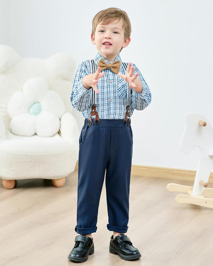 ZOEREA Toddler Boy Suit Formal Wedding Outfits Gentleman Clothes Long Sleeve Shirt + Suspender Pants + Bowtie
