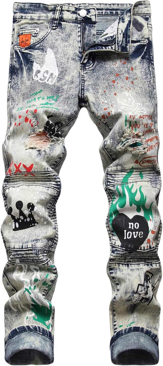 Baylvn Men's Designer Straight Slim Fit Patchwork Jeans Comfort Skinny Biker Denim Pants