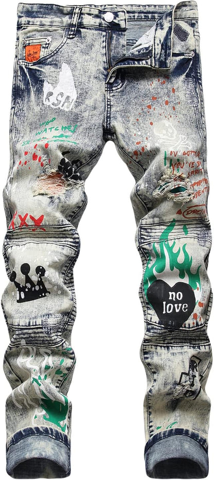 Baylvn Men's Designer Straight Slim Fit Patchwork Jeans Comfort Skinny Biker Denim Pants