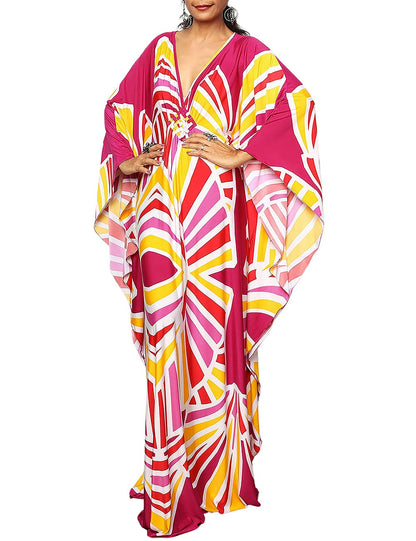 Bsubseach Women Ethnic Print Kaftan Beach Dress Plus Size Swimsuit Cover Up