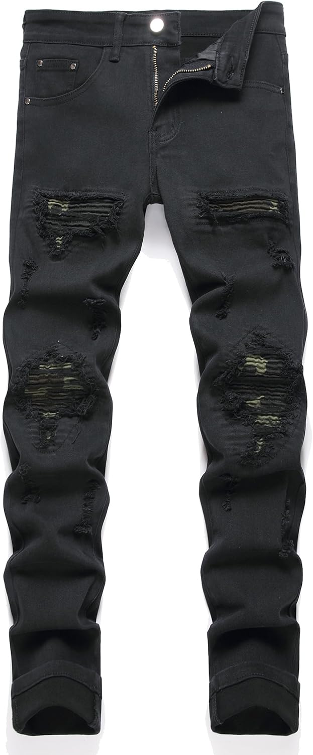 OIIIO Men's Patch Ripped Stretch Regular Fit Jean