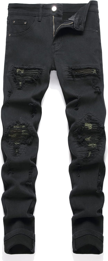 OIIIO Men's Patch Ripped Stretch Regular Fit Jean