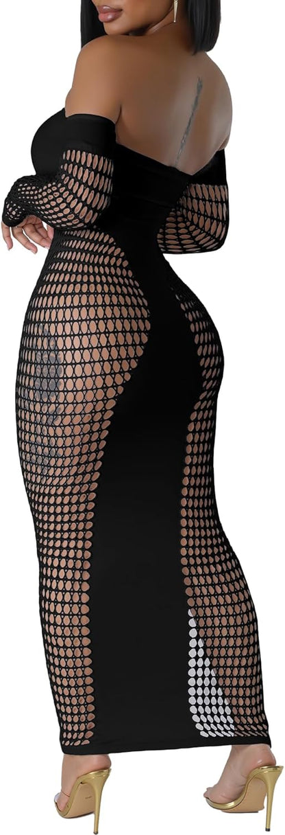 Women's Dress Sexy Club Dress Elegant Long Sleeve Off Shoulder Hollow Out Mesh Bodycon Party Dresses