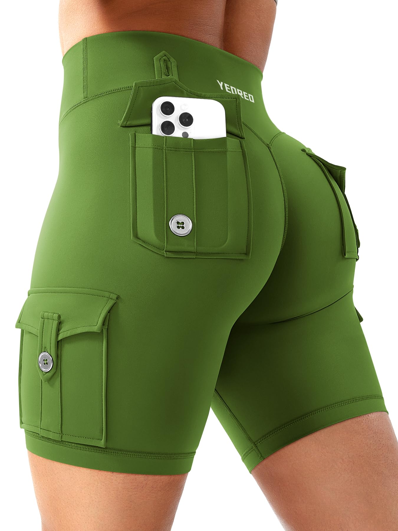 YEOREO CoreFlex Women Workout Biker Shorts with Cargo Pockets Hidden Scrunch High Waisted 8" Inseam Gym Shorts