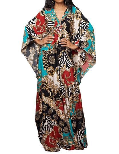 Bsubseach Women Ethnic Print Kaftan Beach Dress Plus Size Swimsuit Cover Up
