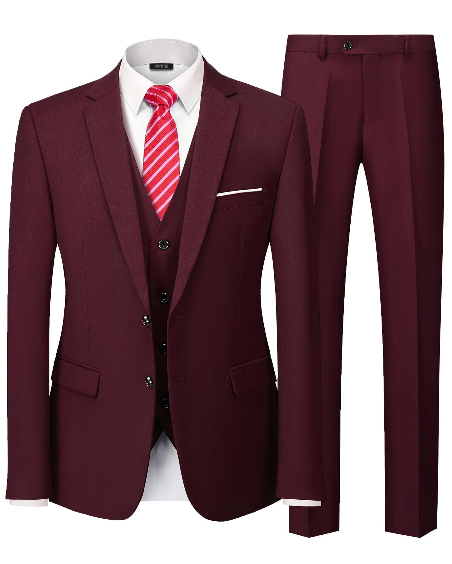 MY'S Men's 3 Piece Slim Fit Suit Set with Tie, 2 Button Blazer Jacket Vest & Pants, Business Wedding Party Prom Suit for Men