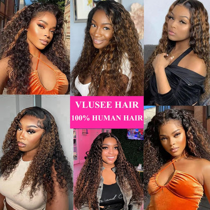 1B/30 Deep Wave Lace Front Wigs Human Hair Pre Plucked Balayage Ombre Brown Curly Lace Front Wig Human Hair13x4 HD Lace Frontal Glueless Wigs for Women 180% Density 26 Inch