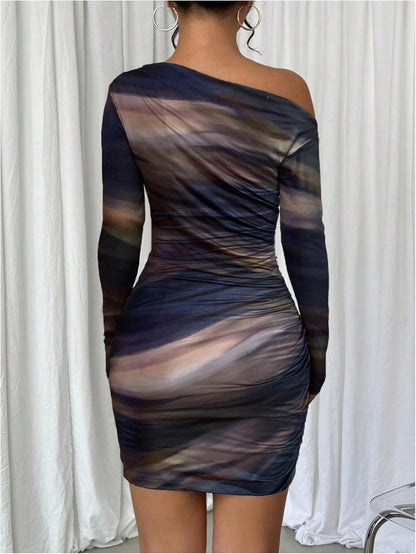 Women's Off Shoulder Ombre Tie Dye Bodycon Dress Long Sleeve Slim Fit Pencil Mini Dresses