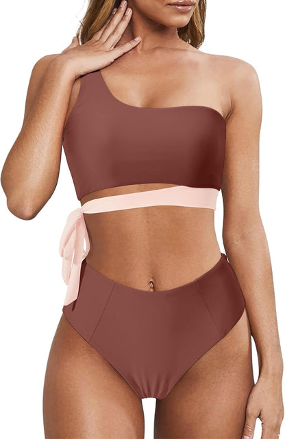 MOOSLOVER Women One Shoulder High Waisted Bikini Tie High Cut Two Piece Swimsuits