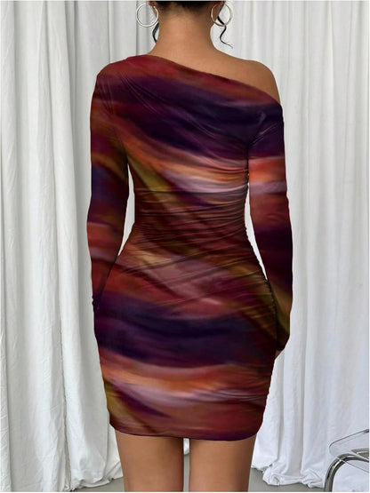 Women's Off Shoulder Ombre Tie Dye Bodycon Dress Long Sleeve Slim Fit Pencil Mini Dresses