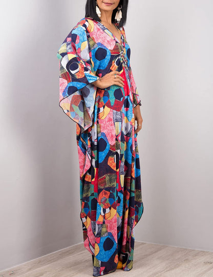 Bsubseach Women Ethnic Print Kaftan Beach Dress Plus Size Swimsuit Cover Up