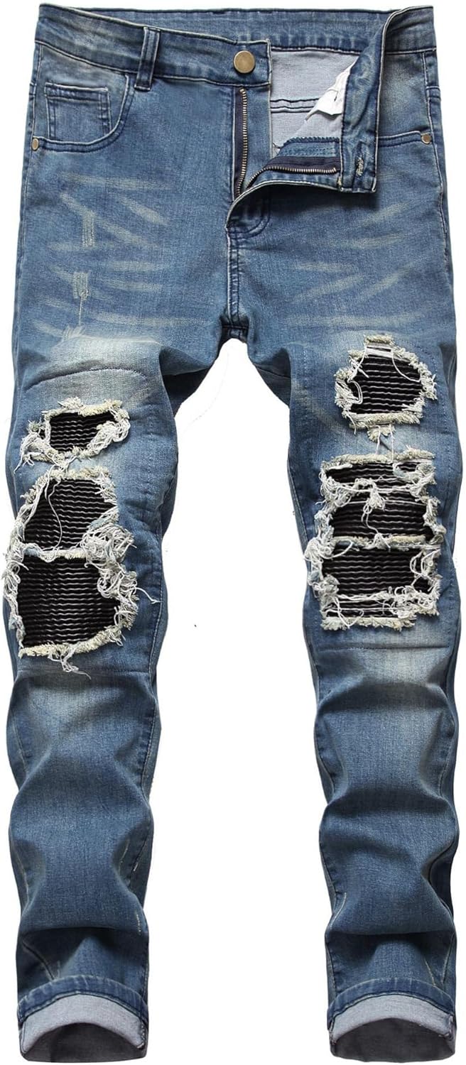 Baylvn Men's Designer Straight Slim Fit Patchwork Jeans Comfort Skinny Biker Denim Pants