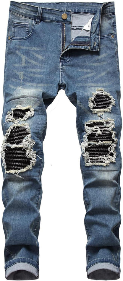 Baylvn Men's Designer Straight Slim Fit Patchwork Jeans Comfort Skinny Biker Denim Pants