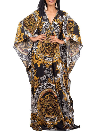 Bsubseach Women Ethnic Print Kaftan Beach Dress Plus Size Swimsuit Cover Up