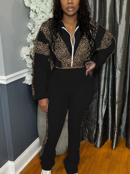 Women 2 Piece Outfit Long Sleeve Zip Up Crop Jacket High Waist Stretchy Pants