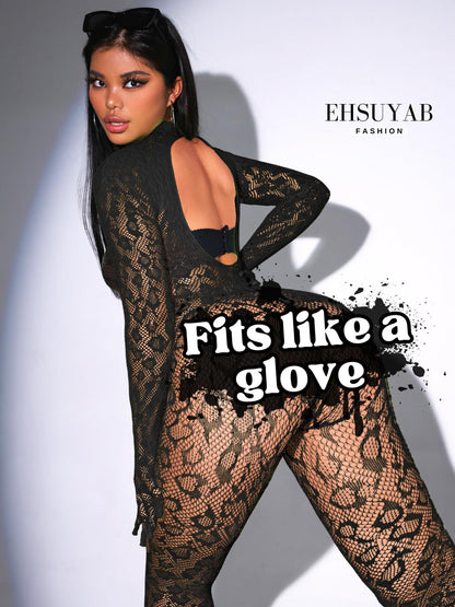 Sexy Lace Leopard Jumpsuit For Women, Fishnet Bodysuit Glow Party Club, Poster One Piece Mesh Full Body Rave Outfits