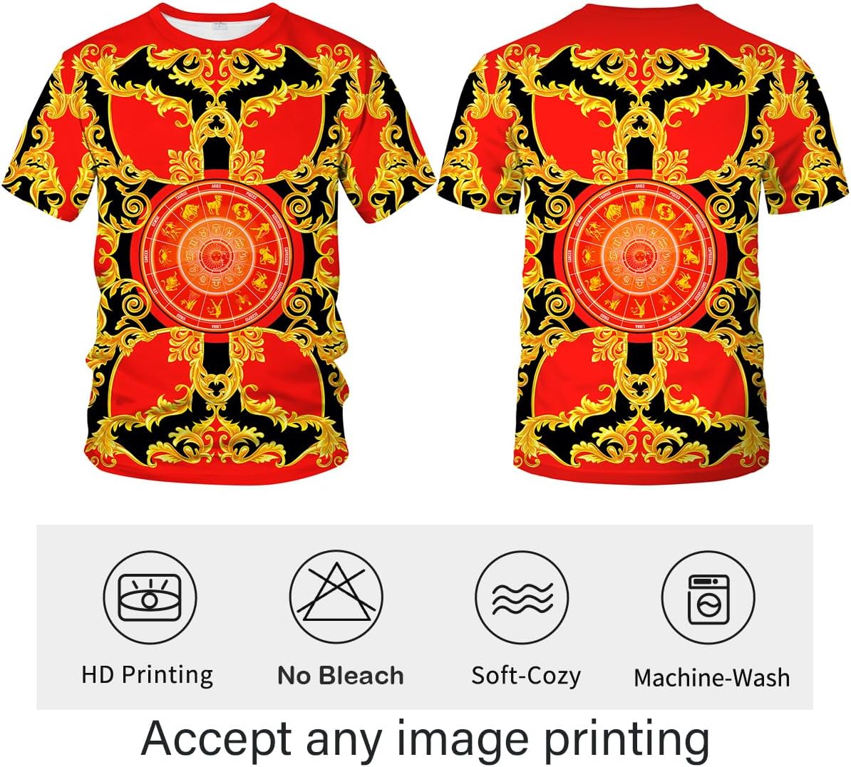 LAOLIUSN Men's Gold Shiny Printed T-Shirt - Golden Ornate Theme, Floral Graphic Tee Shirt