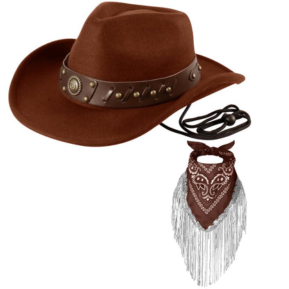 Ibeauti Cowboy Hat with Fringed Bandana Set for Women Wide Brim Western Cowgirl Hat Paisley Head Wrap Scarf