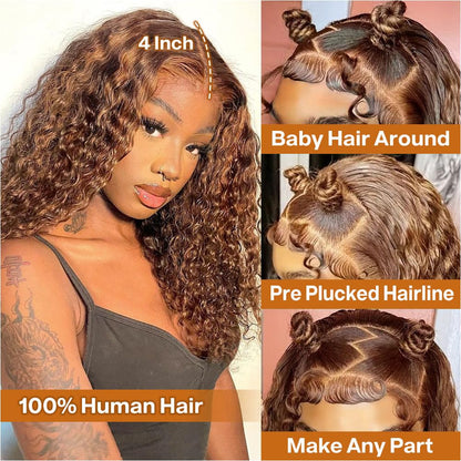 Curly Bob Wig Human Hair Deep Wave 13x4 HD Lace Front Wigs For Black Women Human Hair Pre Plucked Wear And Go Glueless Short Wet And Wavy Ombre Honey Blonde Highlight Color 4/27 14 Inch